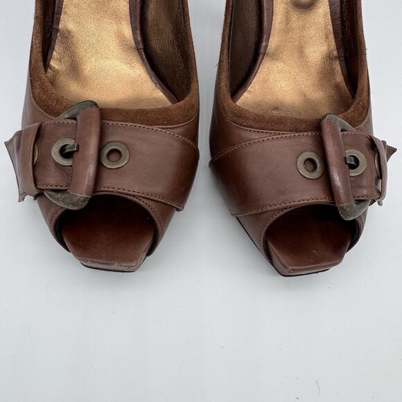 Pura Lopez Womens Leather Buckle Heel Shoes Size US 9 Brown Open Toe Y2K Office - Picture 5 of 11